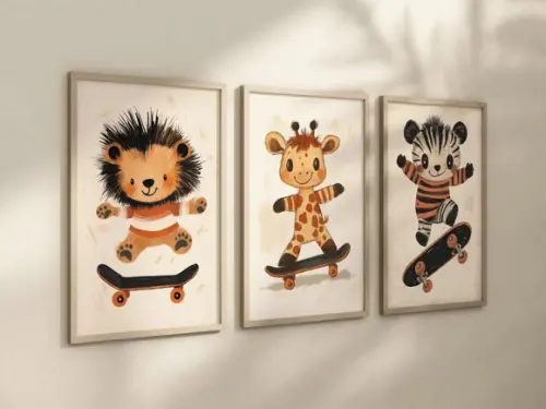 Kit 3 Quadros Decorativos Moldura Bebe Safari Skate Animal