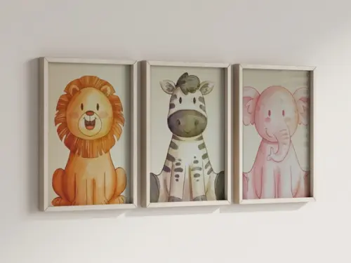 Kit 3 Quadros Decorativos Moldura Leão Zebra Porquinho