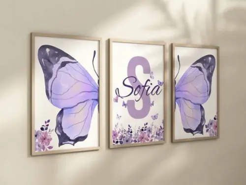 Kit 3 Quadros Moldura Borboleta Berçário Flores Roxo 24x34