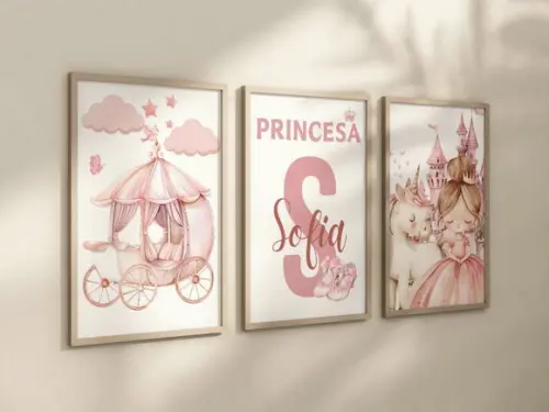 Kit 3 Quadros Moldura Princesa Berçário Rosa A4 24x34