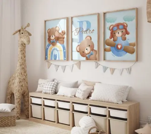 Kit 3 Quadros Decorativos Ursinho Azul Arco Íris Avião