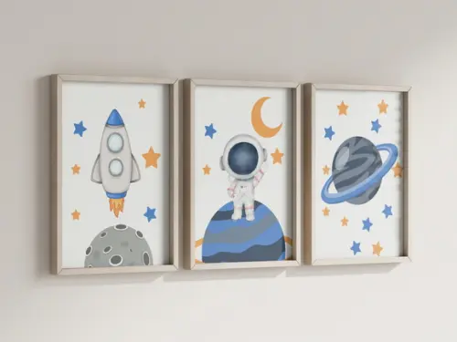 Kit 3 Quadros Decorativo Moldura Astronauta a Infantil 24x34