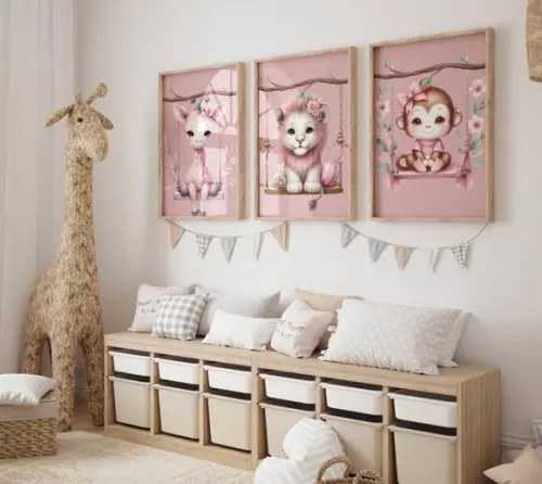Kit 3 Quadros Decorativos Moldura Safari Animais Menina A3 B