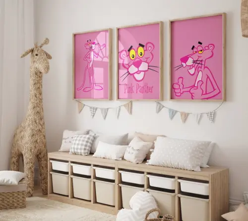 Kit 3 Quadros c/ Moldura Pantera Cor de Rosa Grande
