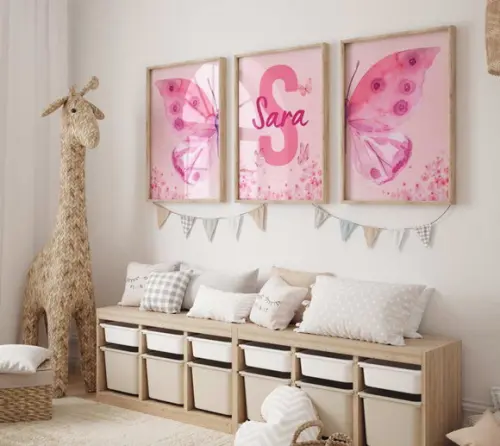 Kit 3 Quadros Moldura Borboleta Berçário Flores Rosa 34x44
