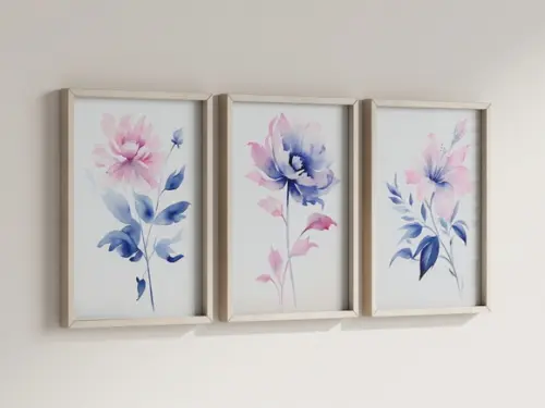 Kit 3 Quadros Decorativo Moldura Flores Aquarela Decorar