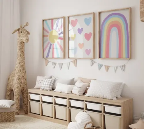 Kit 3 Quadros Decorativo Boho Coração Sol Arco-iris A3