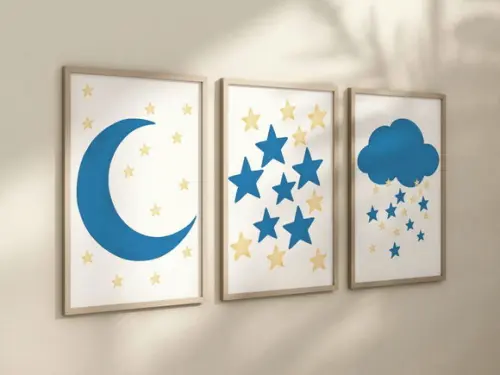 Kit 3 Quadros Boho Lua Estrela e Nuvem Infantil Decorar A4