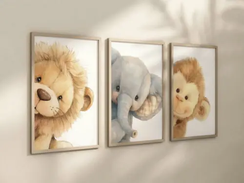 Kit 3 Quadros Decorativos Moldura Safari Pelúcia Berçário A4