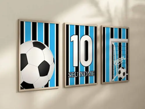 Kit 3 Quadros Decorativos Futebol Nome Azul Preto A4 24x34