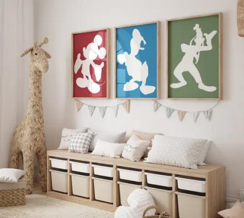 Kit 3 Quadros Decorativos Moldura Mickey Minimalista A3