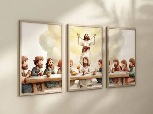 Kit 3 Quadros Decorativo Jesus Mini Ceia Berçário A4 24x34