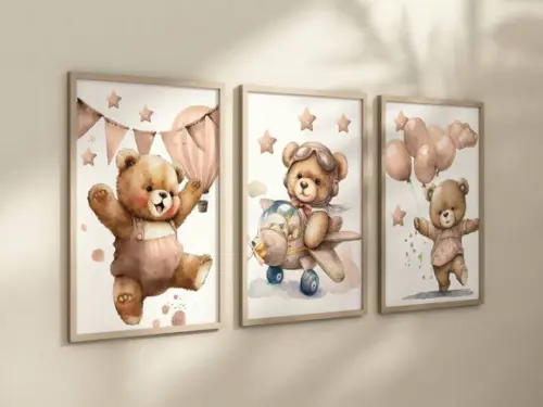 Kit 3 Quadros Decorativos Moldura Ursinho Pelúcia Arte