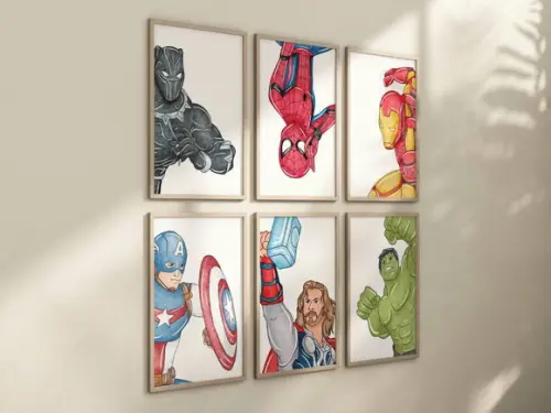 Kit 6 Quadros Decorativos Moldura Super-heróis Desenho A4