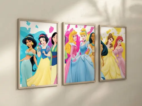 Kit 3 Quadros Decorativos Moldura Princesas A4