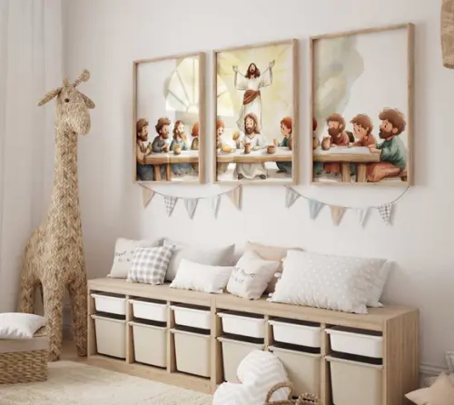 Kit 3 Quadros Decorativo Jesus Mini Ceia Berçário A3 34x44