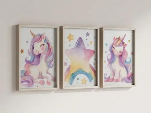Kit 3 Quadros Decorativos Moldura Unicórnio Infantil Decorar