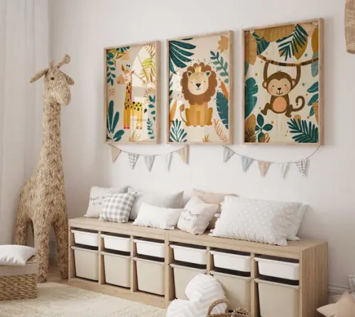 Kit 3 Quadros Decorativos Moldura Bebe Safari Animal Feliz e