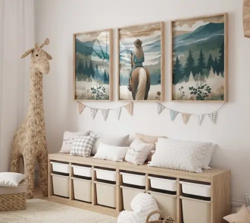 Kit 3 Quadros Decorativo Menina Aventureira Cavalo Arte A3