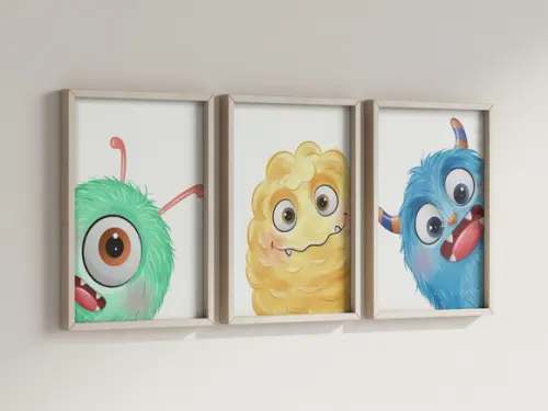 Kit 3 Quadros Decorativo Moldura Monstrinhos Fofinhos A4