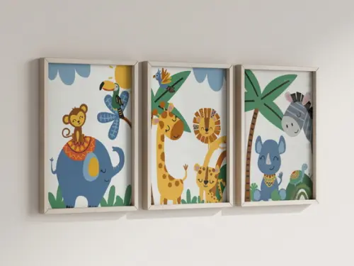 Kit 3 Quadros Decorativos Moldura Bebe Safari Animal Feliz F