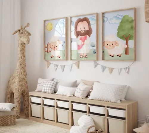 Kit 3 Quadros Decorativo Jesus Mini Berçário A3 34x44