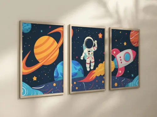 Kit 3 Quadros Decorativo Moldura Astronauta B Infantil 24x34