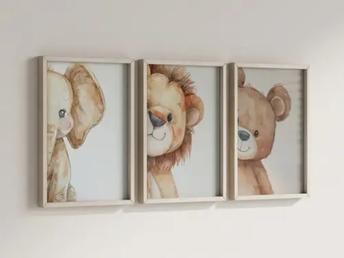 Kit 3 Quadros Decorativos Moldura Elefante Leão Ursinho