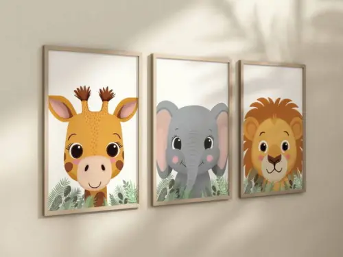 Kit 3 Quadros Decorativos Moldura Bebe Safari Berçário Feliz