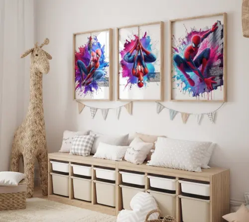 Kit 3 Quadros Decorativos Moldura Homem Aranha Aquarela A3