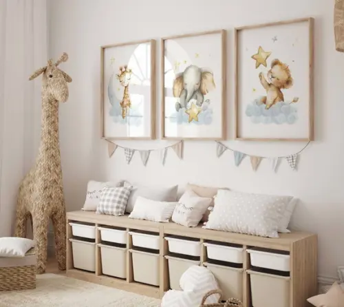Kit 3 Quadros Decorativos Moldura Bebe Safari Dormindo A3