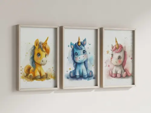 Kit 3 Quadros Decorativos Moldura Unicórnio Infantil Decorar