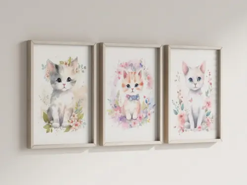 Kit 3 Quadros Decorativos Moldura Gato Flor B