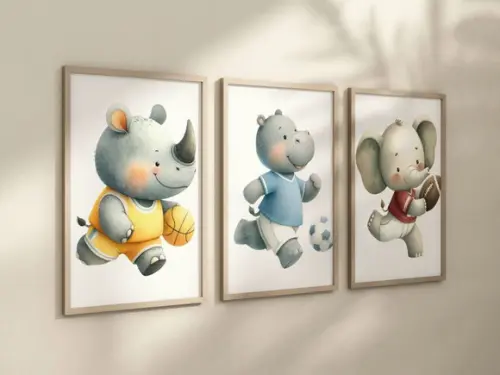 Kit 3 Quadros Decorativos Moldura Bebe Safari Animal Bola