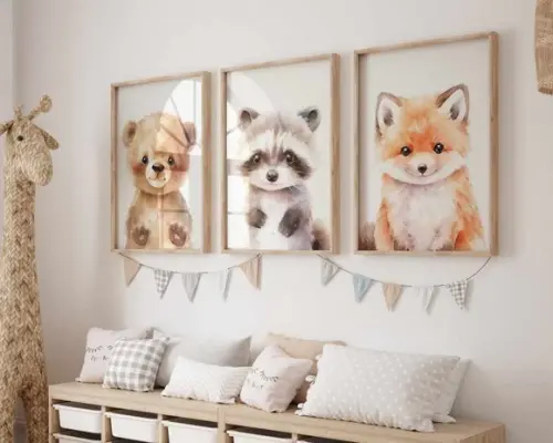 Kit 3 Quadros Decorativo Animais Fofinho Aquarela Berçário