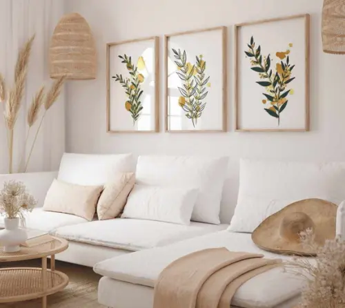 Kit 3 Quadros Decorativo Folhas Douradas e Verdes A3