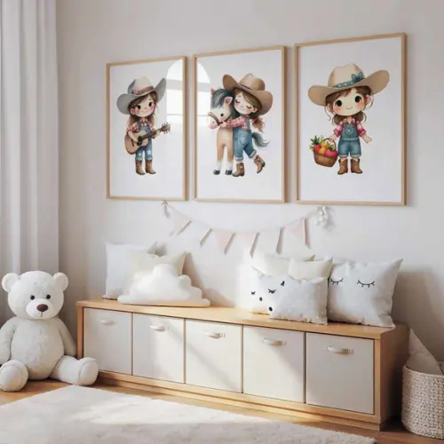 Kit 3 Quadro Decorativo Moldura Menina Fazendinha Cowgirl A2