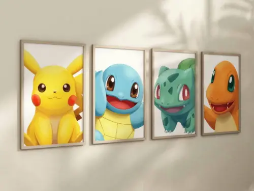 Kit 4 Quadros Decorativos Moldura Pokémon Arte Premium A4