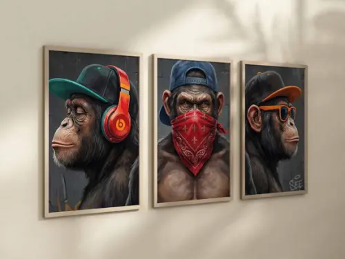 Kit 3 Quadro Decorativo Moldura 3 Macacos Sábios A4