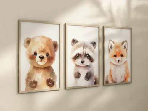 Kit 3 Quadros Decorativo Animais Fofinho Aquarela Berçário