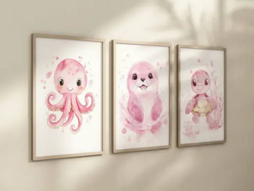 Kit 3 Quadros Animais Marinho Fundo do Mar Berçário Rosa A4