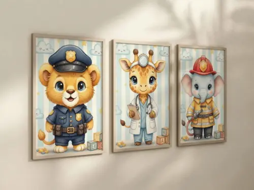 Kit 3 Quadros Animais Fofinhos Policial Ambulância A4