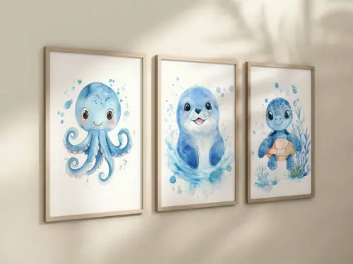 Kit 3 Quadros Animais Marinho Fundo do Mar Berçário Azul A4