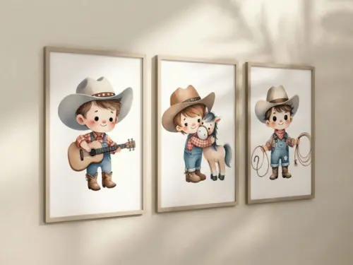 Kit 3 Quadros Decorativo Moldura Menino Fazendinha Cowboy A4