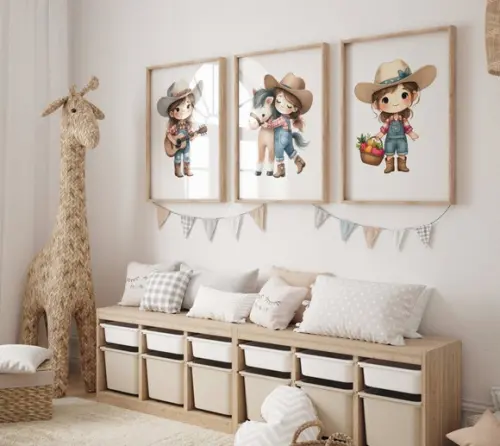Kit 3 Quadro Decorativo Moldura Menina Fazendinha Cowgirl A3
