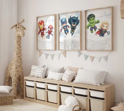 Kit 3 Quadros Decorativos Moldura Super-heróis Baby 34x44
