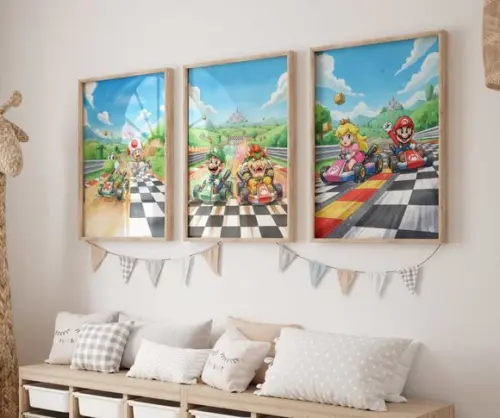 Kit 3 Quadros Decorativos Moldura Mario Personagens Arte A3