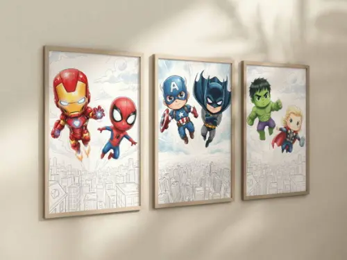 Kit 3 Quadros Decorativos Moldura Super-heróis Baby 24x34