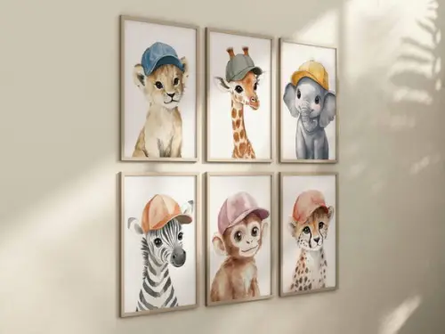 Kit 6 Quadros Decorativos Moldura Bebe Safari Animal Boné A4