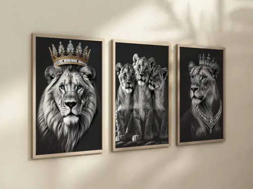 Kit 3 Quadros Decorativos Moldura Família de Leões A4